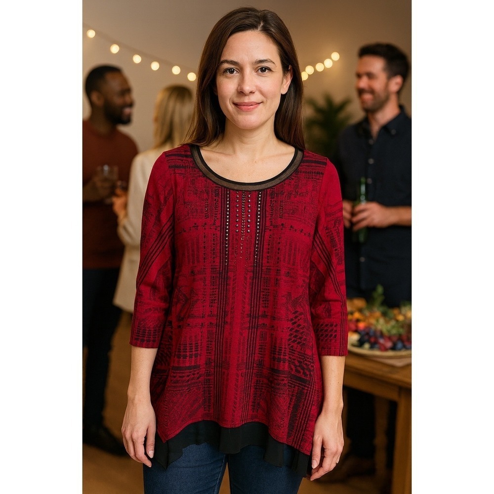 One World Women Small‎ Red Embellished 3/4 Sleeve Asymmetric Tunic Top Casual